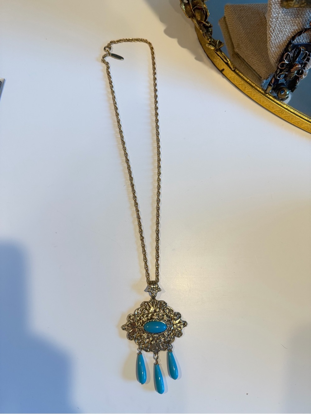 Vintage signed Whiting & Davis Turquoise Necklace- Filigree Pendant - excellent